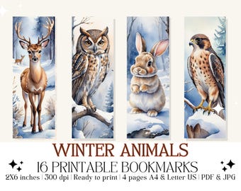 May include: Set of 16 printable bookmarks featuring watercolor illustrations of winter animals. The bookmarks include a deer, owl, rabbit, and hawk, set against a snowy forest backdrop. Each bookmark is 2x6 inches.
