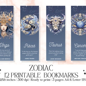Zestaw 12 akwarelowych zakładek do wydruku „Znaki Zodiaku”, zakładki z cytatami, zakładki ze znakami zodiaku, natychmiastowe pobieranie cyfrowe, prezent książkowy