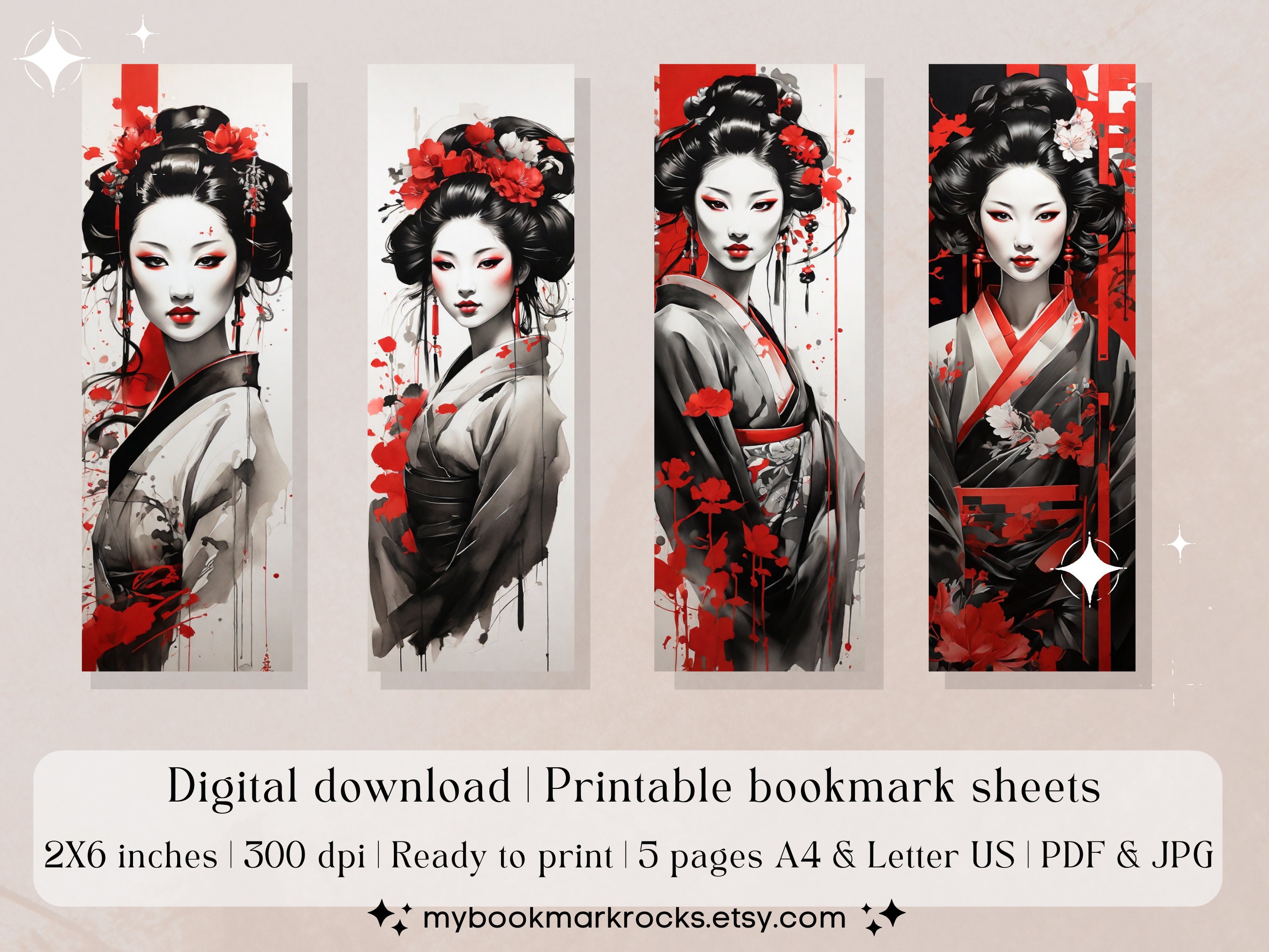 Set of 20 Red-black Ink geisha Printable Bookmarks, High-quality PDF ...