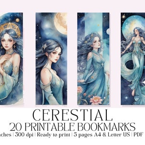 Zestaw 20 akwarelowych zakładek „Celestial” do druku, wysokiej jakości pliki PDF i JPG, do druku i cięcia, natychmiastowe pobieranie cyfrowe, prezent dla miłośników książek