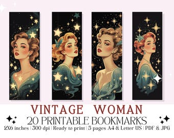 Set of 20 "Vintage Woman" Printable Bookmarks, Retro Bookmarks, Bookish Gift | Instant Digital Download (PDF & JPG)
