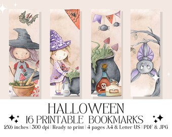 Set of 16 Watercolor "Halloween" Printable Bookmarks, Reading Bookmarks, Bookish Gift | Instant Digital Download (PDF & JPG)
