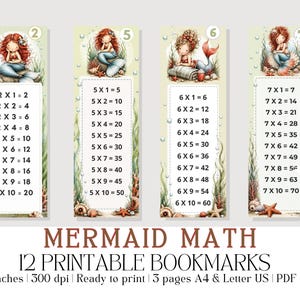 May include: Four vertical bookmarks featuring mermaid illustrations and multiplication tables for numbers 2, 5, 6, and 7. The text MERMAID MATH 12 PRINTABLE BOOKMARKS 2X6 inches 300 dpi Ready to print 3 pages A4 & Letter US PDF & JPG is included.