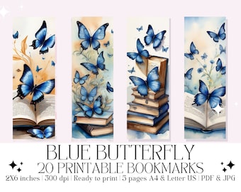 Set di 20 segnalibri stampabili ad acquerello "Farfalla blu" / PDF e JPG di alta qualità / Download digitale istantaneo / Idea regalo per gli amanti dei libri