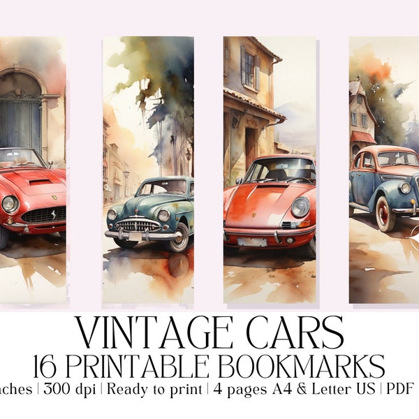 Set of 16 Watercolor 'Vintage Cars' Printable Bookmarks, High-Quality PDF & JPG, Classic Car Lover Gift Idea, Father's Day Present