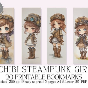 Set of 20 Watercolor &quot;Chibi Steampunk Girl Vol2&quot; Printable Bookmarks, High-Quality PDF & JPG, Kawaii Style, Instant Digital Download