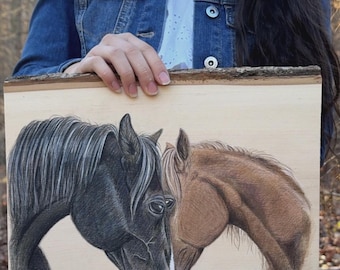 Custom Portrait of your horse on Basswood Plank - 100% Hand colored with colored pencils from your photo 16” x 12 1/2”