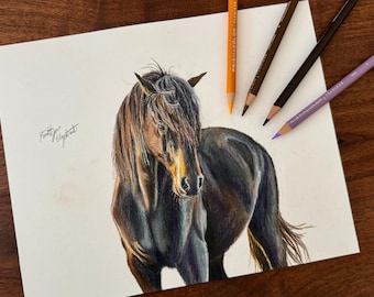 Original colored Pencil drawing Horse Mustang Wall Art Horse western decor rustic art horse lover 8x10