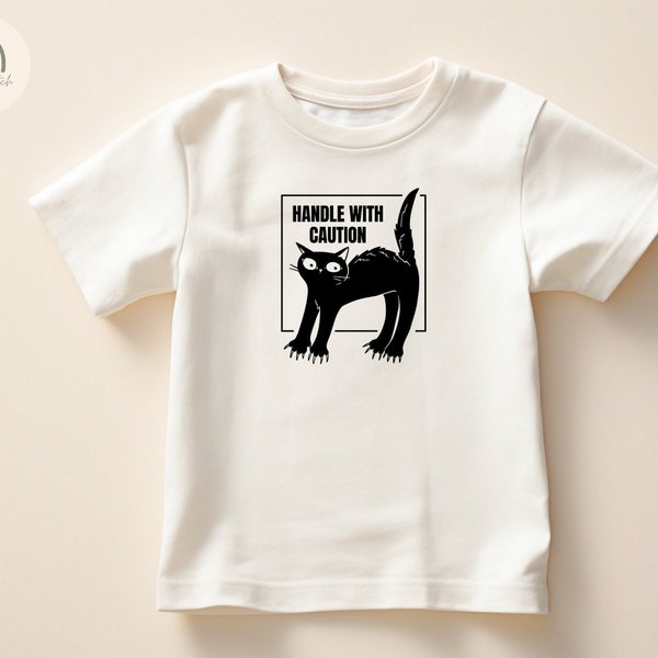 Cute Handle With Caution Cat Toddler T-Shirt, Funny Toddler Shirt, Black Cat Kids Tee, Unisex Toddler T-Shirt