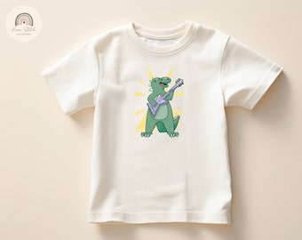 Rockiges Dinosaurier-Kleinkind-T-Shirt, niedliches Dinosaurier-Shirt, kleines Rocker-Kinder-T-Shirt, niedlicher Dinosaurier, der Gitarre-T-Stück für Kleinkind spielt