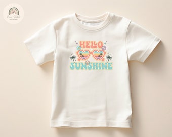 Hallo Sunshine Retro peuter T-shirt, schattig meisjes zomer T-shirt, palmbomen en vredestekens peuter shirt, Kids Retro Summer Vibes T-shirt