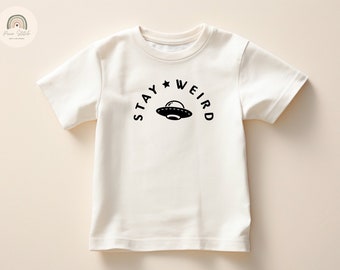 Stay Weird UFO camiseta para niños pequeños, camiseta gráfica alienígena para niños unisex, linda camisa para niños pequeños con platillo volador, camisa espacial para niños
