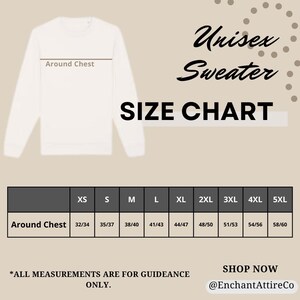 K&ouml;nnte beinhalten: Gr&ouml;&szlig;entabelle f&uuml;r einen Unisex-Pullover mit den Ma&szlig;en in Zoll f&uuml;r den Brustumfang. Die Gr&ouml;&szlig;en reichen von XS bis 5XL.