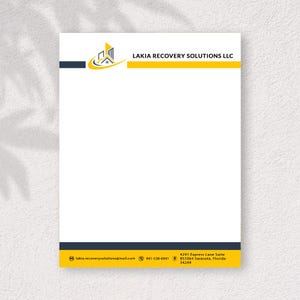May include: White letterhead with the text "LAKIA RECOVERY SOLUTIONS LLC" in black. The top of the letterhead has a yellow and blue design. The bottom has contact information, including an email address, phone number, and physical address.