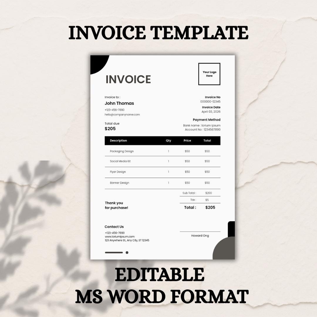 Editable MS Word Invoice Template, Business Form (digital Download) - Etsy