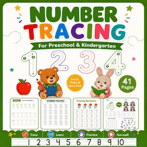Op de afbeelding: Een werkboekcover voor het overtrekken van cijfers voor de voorschool en kleuterschool met de titel Number Tracing For Preschool & Kindergarten. Het bevat de cijfers 1 tot 4, een beer, een konijn, een appel en 41 pagina's. Inclusief oefenvoorbeelden en een getallenlijn van 1 tot 10.