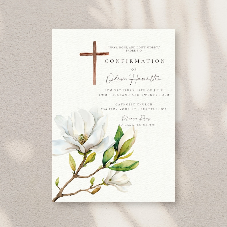 Magnolia Confirmation Invitation Template: Catholic Celebration ...