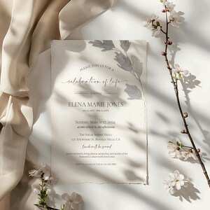 May include: A beige invitation with a gray floral design and the text "PLEASE JOIN US FOR A celebration of life honoring ELENA MARIE JONES Dec 10, 19XX - Mar 12, 20XX Sunday, MARCH 17, 2024 at two o'clock in the afternoon The Inn at Sunset Hills 123 Anywhere St. Beverly Hills, CA lunch will be served you're invited to bring photos, memories, and stories of the honored to share with loved ones RSVP TO GILLIAN BY 3-30 AT 123-456-7890"