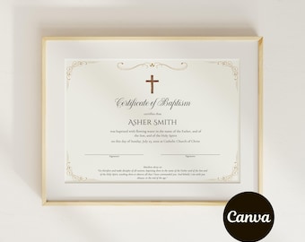 May include: A framed certificate of baptism with a gold cross and ornate border. The certificate reads "Certificate of Baptism certifies that ASHER SMITH was baptised with flowing water in the name of the Father, and of the Son, and of the Holy Spirit on this day of Sunday, July 23, 2008 at Catholic Church of Christ."