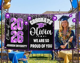 Personalized Graduation Banner, Custom Name Sign, Class of 2026 Photo Party Decorations