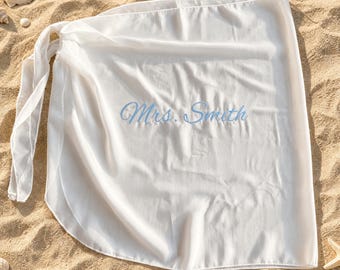 Custom Embroidered Beach Cover Up Sarong, Personalized Mrs Bride Wrap for Honeymoon & Bachelorette