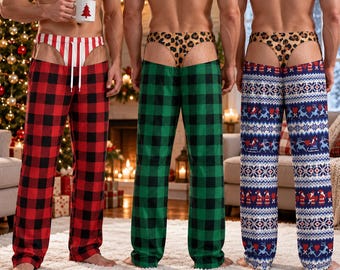 May include: Three pairs of lounge pants with attached thongs. The first pair is red and black buffalo plaid with a white and red striped thong. The second is green and black plaid with a leopard print thong. The third is blue and white patterned with a leopard print thong.