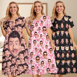 Personalized Face Pajama Dress: Custom Photo Nightgown, Women&#39;s Sleepwear