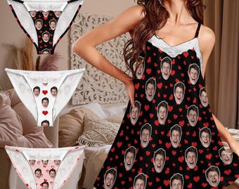 Custom Face Lace Pajama Dress: Personalized Photo Lace Thong,  Valentine's Gift For Women
