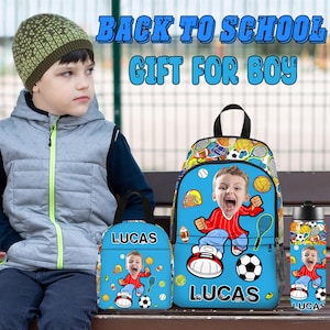 Ensembles personnalisés de sac à dos de ballons de sport, cartable de basket-ball avec nom personnalisé pour garçon, sacs à lunch de baseball, ensembles de bouteilles d'eau, cadeau de rentrée scolaire pour enfants
