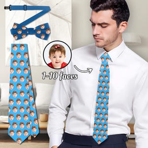 May include: A blue necktie, bow tie, and adjustable bow tie with a repeating pattern of a baby's face. The text "1-10 faces" is also visible in the image.
