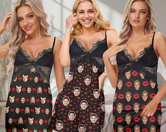 Custom Face Pajama Dress: Personalized Photo Nightgown, Lace Trim Valentine Day Sleepwear