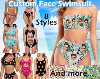 May include: A collage of eight different swimsuit styles featuring a custom face design. The swimsuits are in various colors and patterns, including a black and white swimsuit with a heart design, a pink swimsuit with a floral pattern, and a blue swimsuit with a tropical leaf pattern. The text "Custom Face Swimsuit" and "8 Styles" is displayed at the top of the image. The text "And more..." is displayed at the bottom of the image.