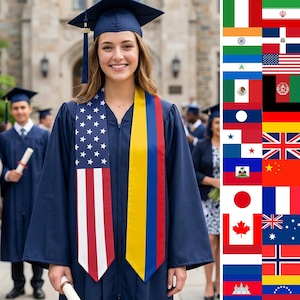 May include: A graduate in a navy blue gown and cap, smiling and holding a diploma. The graduate wears a sash with the American flag and a yellow, red, and blue sash. A collection of flags is displayed on the right.