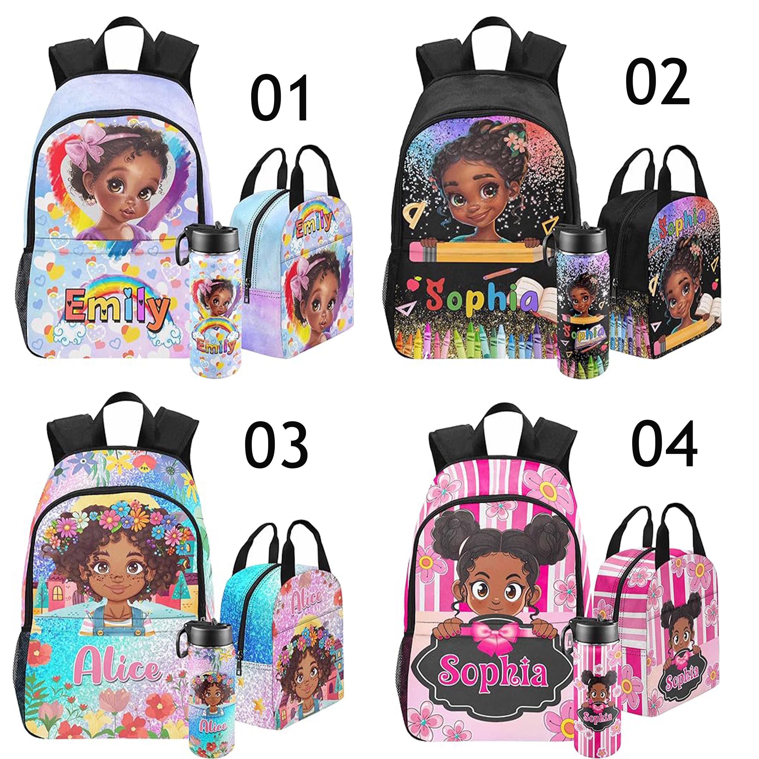 Custom Afro Black Girl Backpack,School Backpack for Elementary Girls with Name,Bookbag with Lunch Box Set，Back to School Gift for Girls