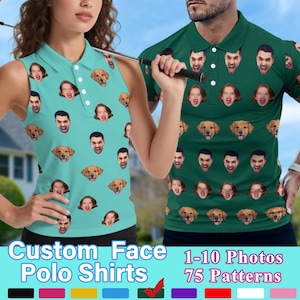 Könnte beinhalten: Zwei Poloshirts, eines in Türkis und eines in Dunkelgrün, weisen ein sich wiederholendes Muster aus Gesichtern und einem Golden Retriever auf. Das türkisfarbene Shirt ist ärmellos. Der Text "Custom Face Polo Shirts" und "1-10 Photos 75 Patterns" steht unten.