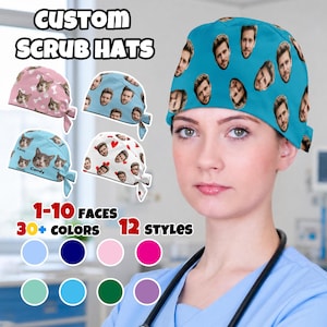 May include: Custom scrub hats featuring repeating printed faces on various colored fabric backgrounds. The text CUSTOM SCRUB HATS, 1-10 FACES, 30+ COLORS, and 12 STYLES is visible. Examples include a pink cat print, a blue face print, and a heart print.