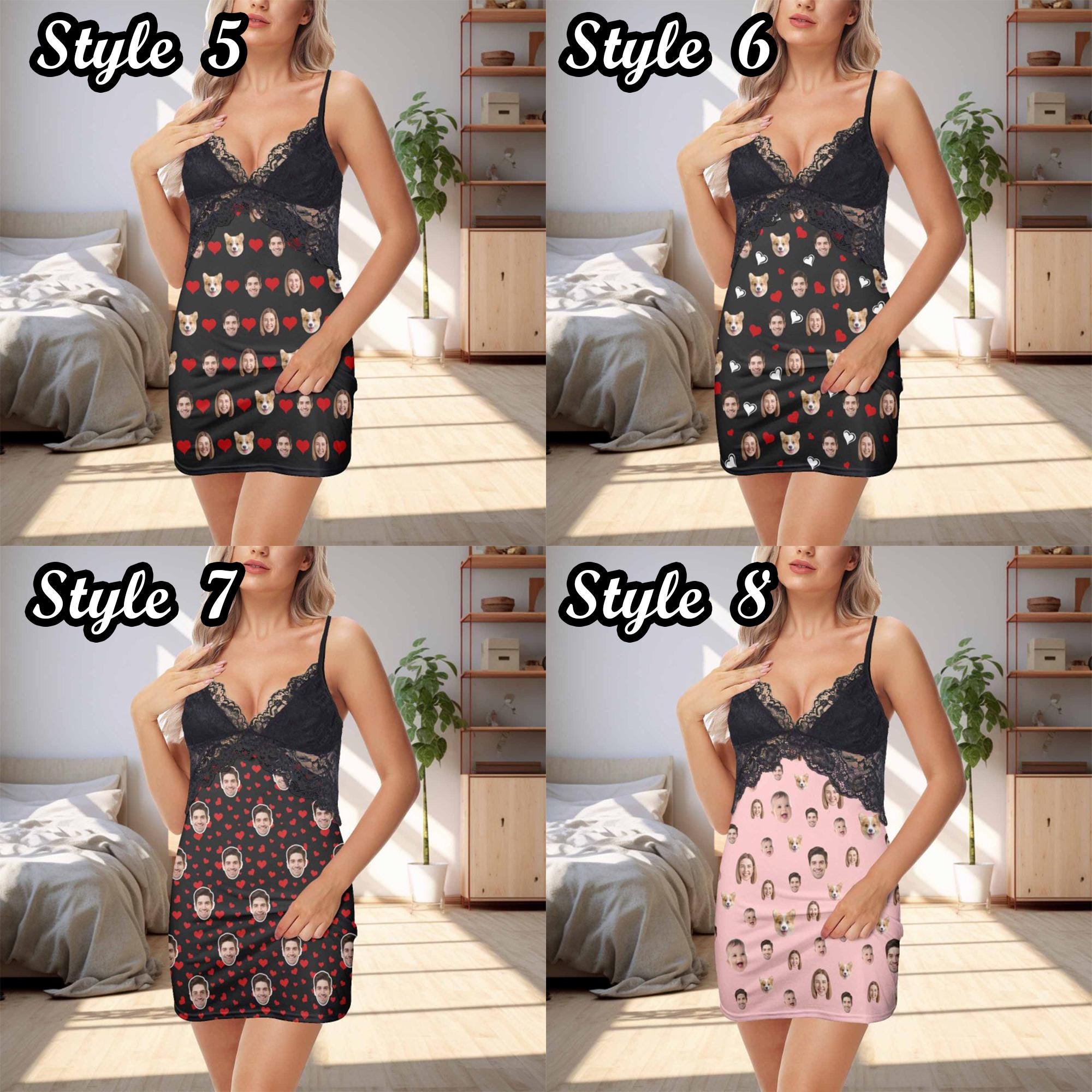 Custom Face Night Pajama Dress, Personalized Photo Women Dress,Lace Backless Nightgown for Women,Valentine's Day gift for Girlfriend/wife