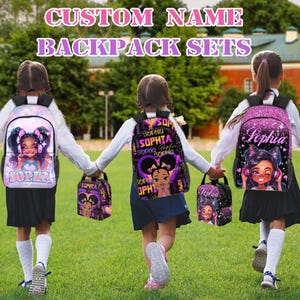 Sac à dos afro-noir personnalisé pour fille, sac à dos avec nom personnalisé, cadeaux de rentrée des enfants, sac à dos de voyage, cadeau d'anniversaire pour fille, sac à lunch personnalisé