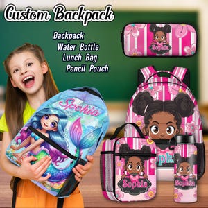 Custom Afro Black Girl Backpack,School Backpack for Elementary Girls with Name,Bookbag with Lunch Box Set，Back to School Gift for Girls