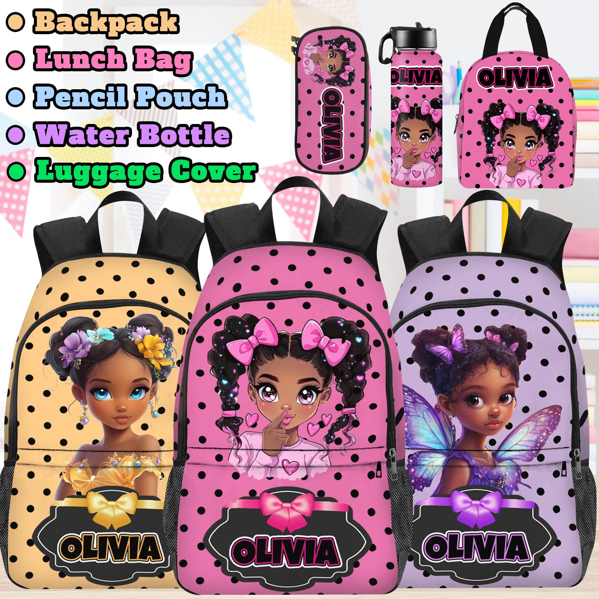 Custom Afro Black Girl Backpack Sets,Name School Bookbag for Elementary Girls,Preschool Name Schoolbag with Lunch Box,Back to School Gift