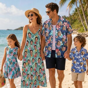May include: A family of four walking on a beach, all wearing matching custom-printed outfits. The outfits include a dress, a button-down shirt, and a short-sleeved shirt, all featuring a tropical floral pattern and personalized faces.