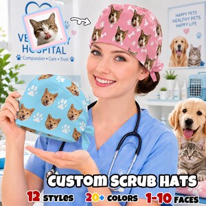 May include: Two custom scrub hats featuring repeating pet face patterns. One hat is pink with cat faces and white bone icons, while the other is light blue with dog faces and white paw prints. Both hats have tie-back closures and fabric construction.
