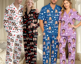 Custom Photo Heart Pajamas,Couple Matching Pajamas,Personalized Face Name Sleepwear, Mother's Day Gift