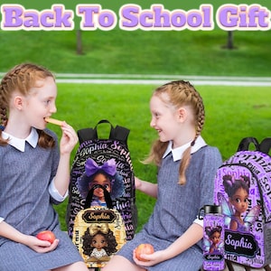 Personalized Name Backpack Gift,Afro Black Girl School Backpacks,Bookbag with Lunch Bag Set,Text School Bag for Girls,Back To School Gifts