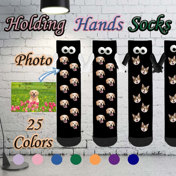 Custom hand-Holding Socks with Dog Photo, Personalized 3D Eye Cartoon Socks, Personalized Magnetic Couple Socks, Birthday/Christmas Gift