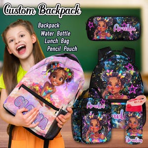 Custom Name Backpack for Kids,Afro Girl School Bag for Student,Custom Text on  Lunch Bag Water Bottle Pencil Pouch,Back to School Funny Gift