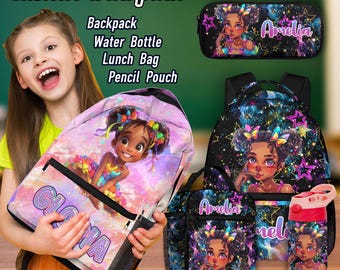 Custom Name Backpack for Kids,Afro Girl School Bag for Student,Custom Text on  Lunch Bag Water Bottle Pencil Pouch,Back to School Funny Gift