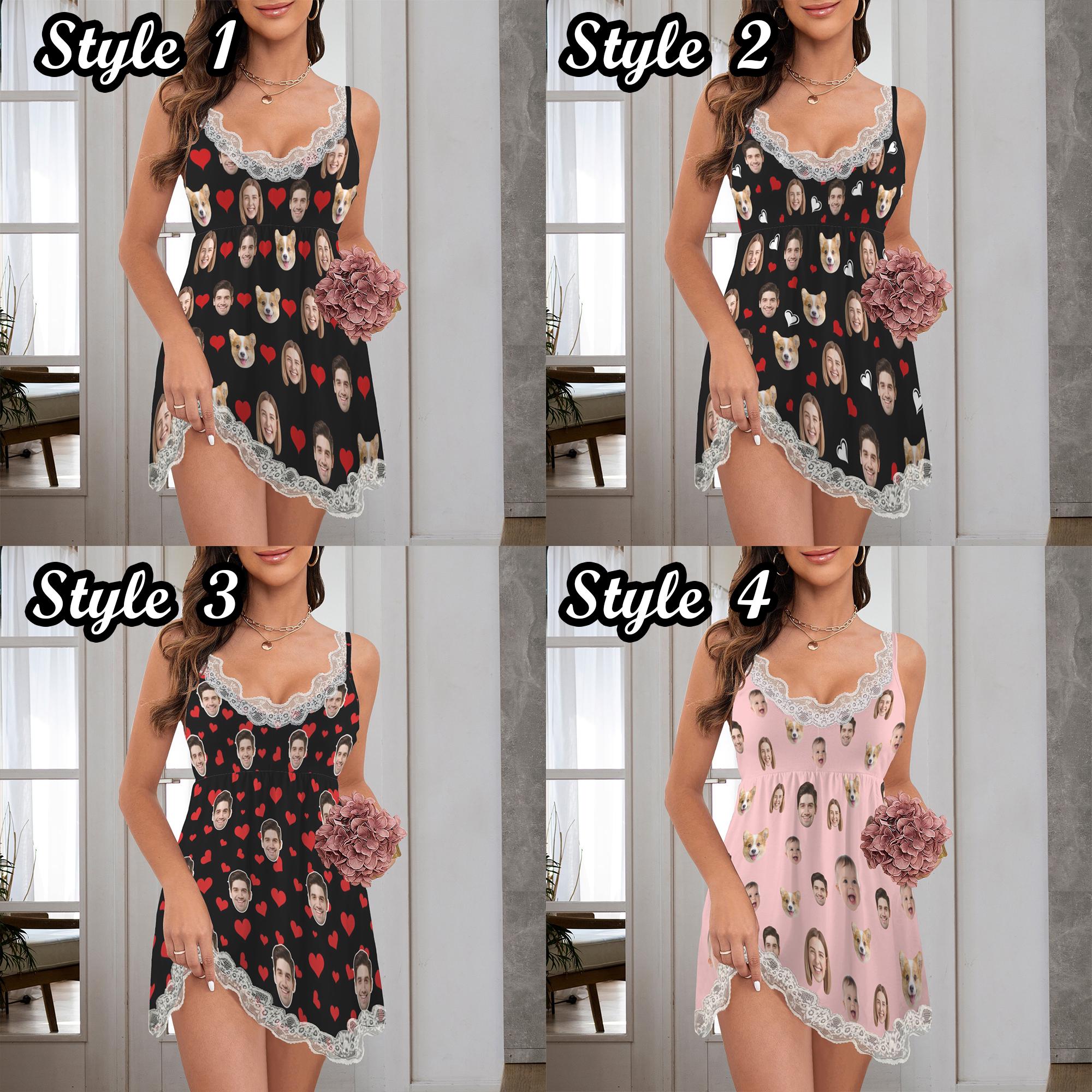 Custom Face Night Pajama Dress, Personalized Photo Women Dress,Lace Backless Nightgown for Women,Valentine's Day gift for Girlfriend/wife
