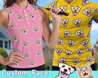 May include: Pink sleeveless polo shirt with a repeating cat face pattern. A yellow polo shirt with a repeating dog face pattern is next to it. The text "Custom Face Polo Shirts" is at the bottom.
