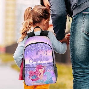 Sac à dos sirène personnalisé, nom sur le cartable de la sirène, cartable de rentrée personnalisé pour fille, cadeau d'anniversaire pour enfant, cartable avec texte